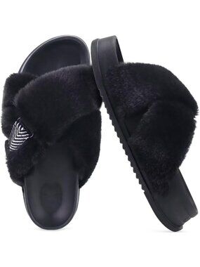 Women's 01-Black Fuzzy Cross Band Platform Slippers Comfortable Indoor Outdoor